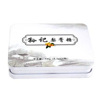 翻蓋式長(zhǎng)方形梨膏糖馬口鐵盒_食品糖果類通用包裝鐵罐廠家定制